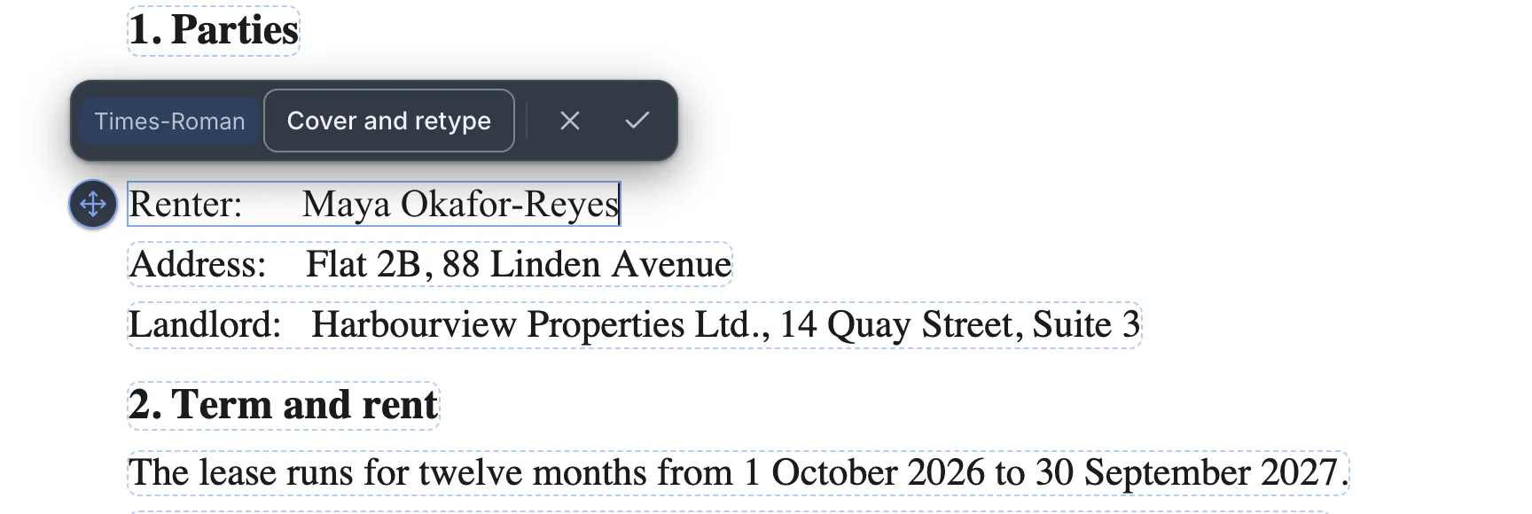 A rental agreement in the editor: the caret is in the renter’s name, “Maya Okafor-Reyes”, which is edited in place in the line’s own typeface, Times-Roman. The edit bar above it names the font and offers Cover and retype, Cancel and Done.