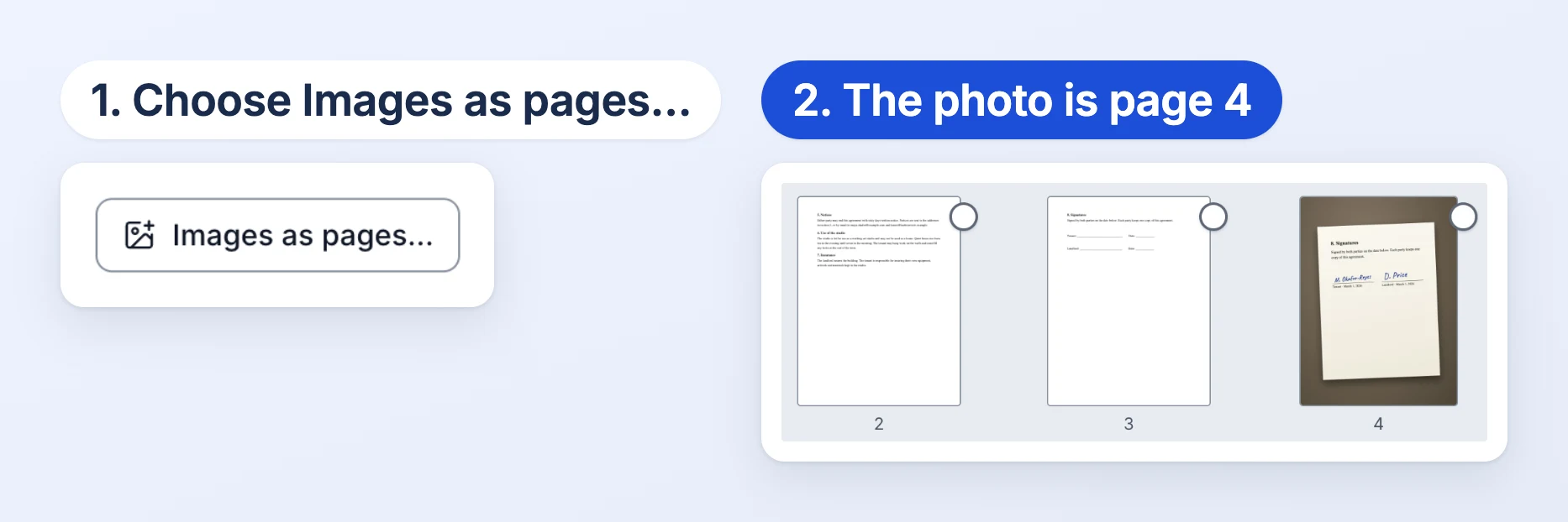 Two panels. Images as pages: the button in the Insert pages dialog. The photo is page 4: the lease’s page grid, page 4 a photo of the signed signatures page on a desk.