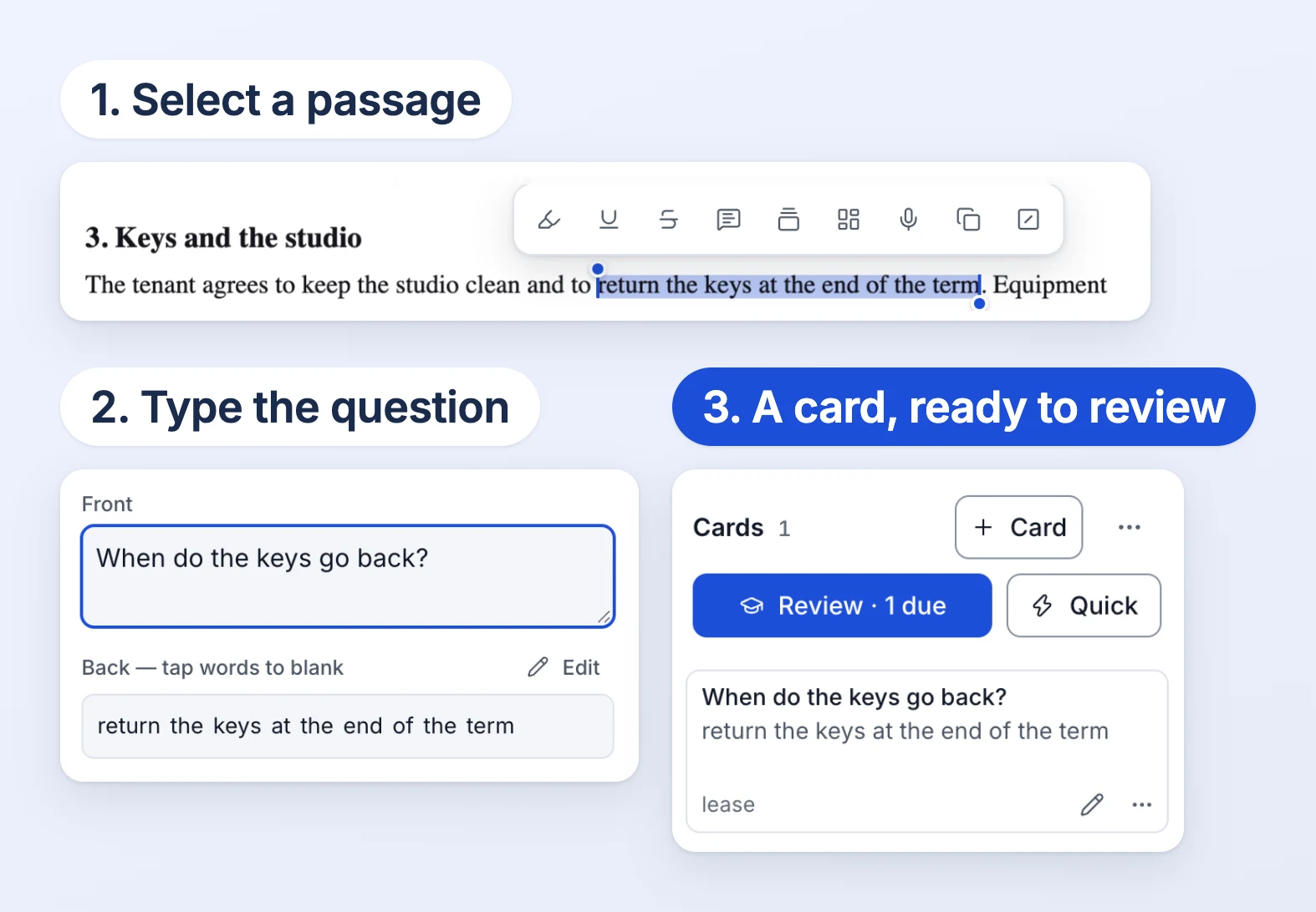 A lease line, return the keys at the end of the term, selected under the selection toolbar. A card made from it: its front asks When do the keys go back?, and its back is the selected line. The Cards panel lists it, with Review, 1 due.