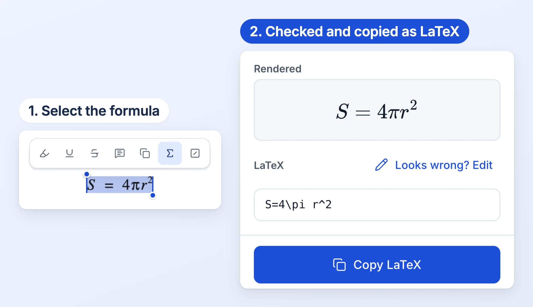 Two panels. Select the formula: S = 4πr² is selected, under a toolbar whose Σ button, Copy as LaTeX, is highlighted. Checked and copied as LaTeX: the formula rendered, its LaTeX source S=4\pi r^2, and Looks wrong? Edit.