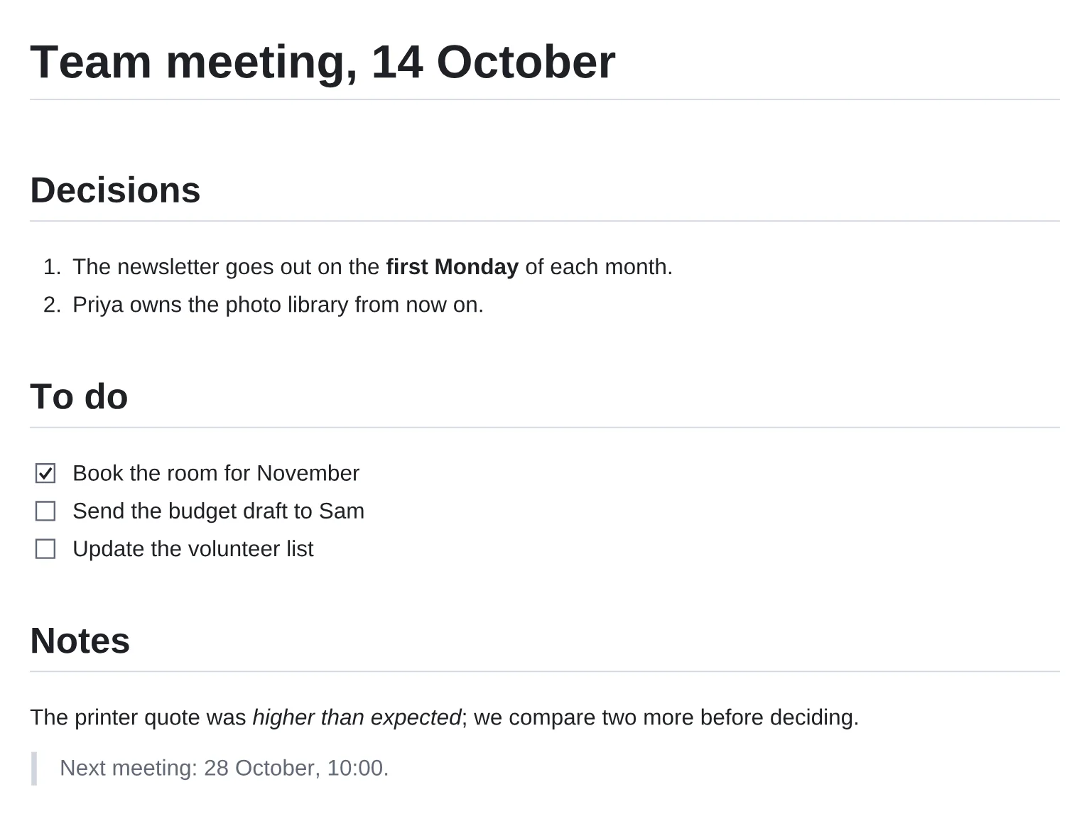 A team meeting note as a PDF page: a numbered list of decisions, a to-do checklist with one item ticked, a line with italic words and a quote.