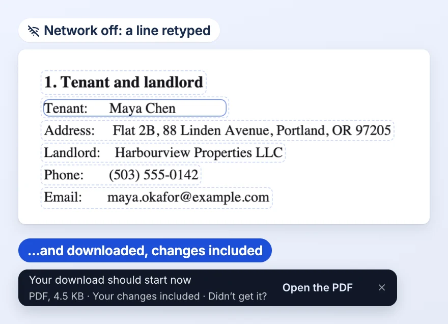 Network off, a line retyped: in a lease’s section 1, Tenant and landlord, the Tenant line reads Maya Chen, outlined in blue, and the PDF then downloads with the change included.