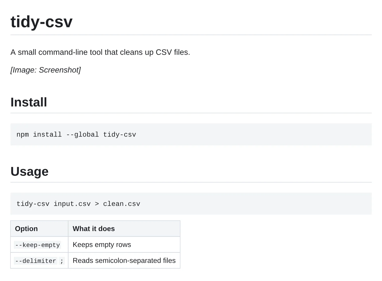 Part of a README for a tool called tidy-csv as a PDF page: its one-line summary, a screenshot shown as its alt text, install and usage code blocks and a table of options.
