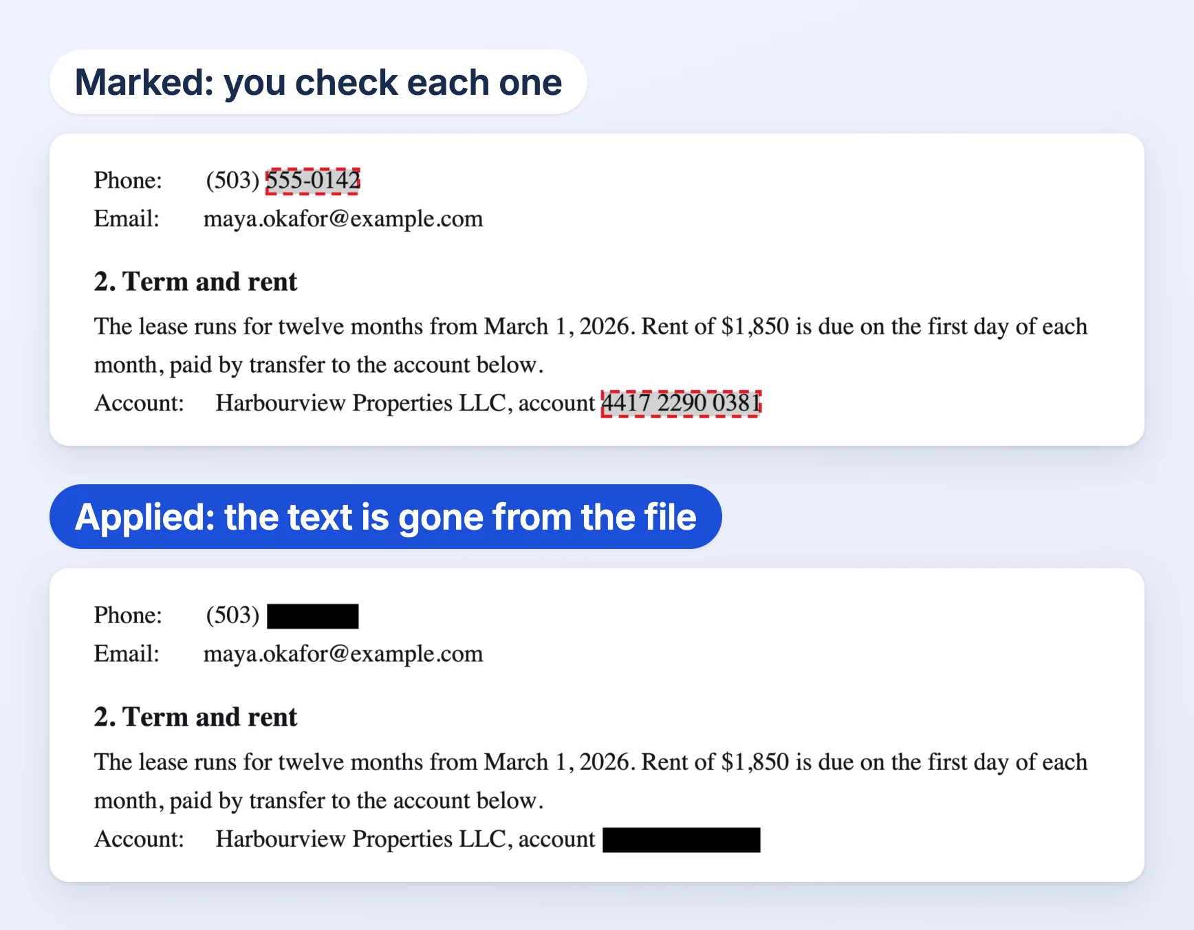 A lease, before and after redaction. Marked: the account number 4417 2290 0381 is outlined in dashed red to check. Applied: it is a solid black box, and the text is gone from the file.